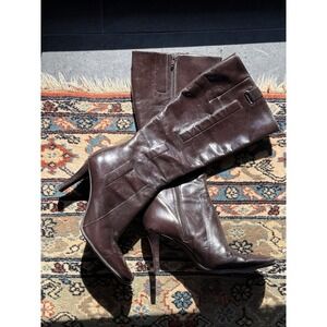 Nine West Neola Leather Brown Tall Boots Y2K Modern Square Toe Style Sexy 8 EUC